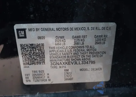 2020 Chevrolet Equinox Fwd Lt 1.5L Turbo from USA, damaged, VIN 3GNAXKEV3LL334795